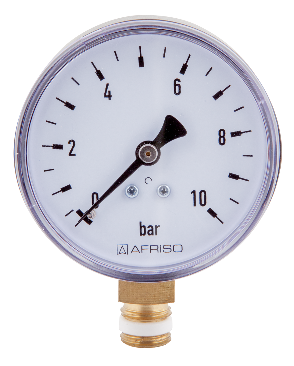 AFRISO Rohrfedermanometer RF 63 -1/0bar G1/4B mit PTFE-Dichtring radial Kl.2,5 für Heizung/Sanitär VOR 15810 15820 15830 15840 15850 15860