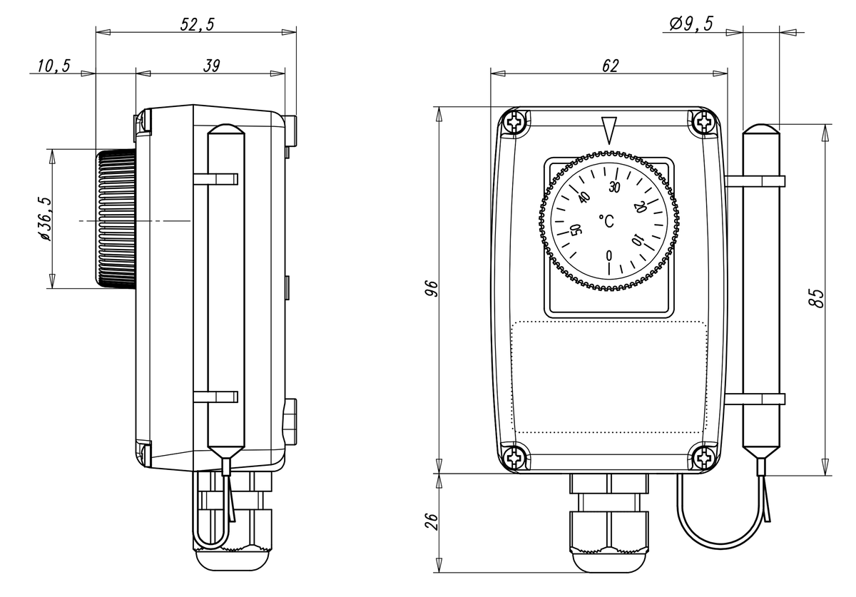 AFRISO Gehäuse-Raumthermostat GRT/ETR 0/60C, von außen einstellbar BEF 73220