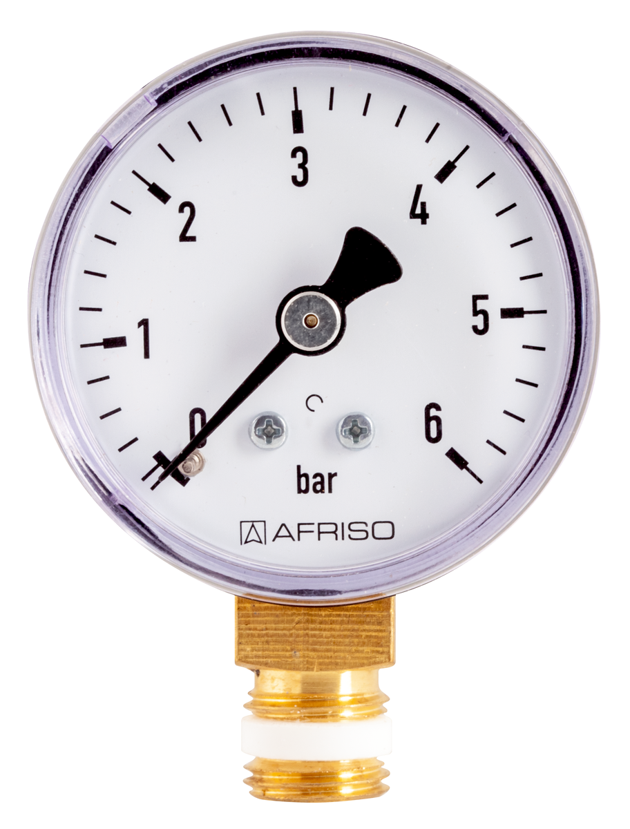 AFRISO Rohrfedermanometer RF 50 0/6bar G1/4B mit PTFE-Dichtring radial Kl.2,5 für Heizung/Sanitär VOR 15760 15770 15780