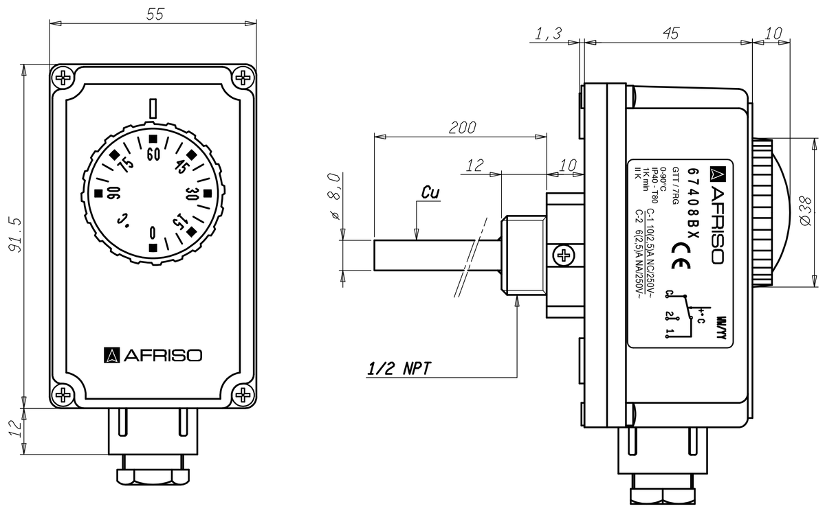 AFRISO Gehäuse-Tauchthermostat GTT/7RG 0/90C, Schaftlänge: 100mm BEF 73310 73320 73330 73340