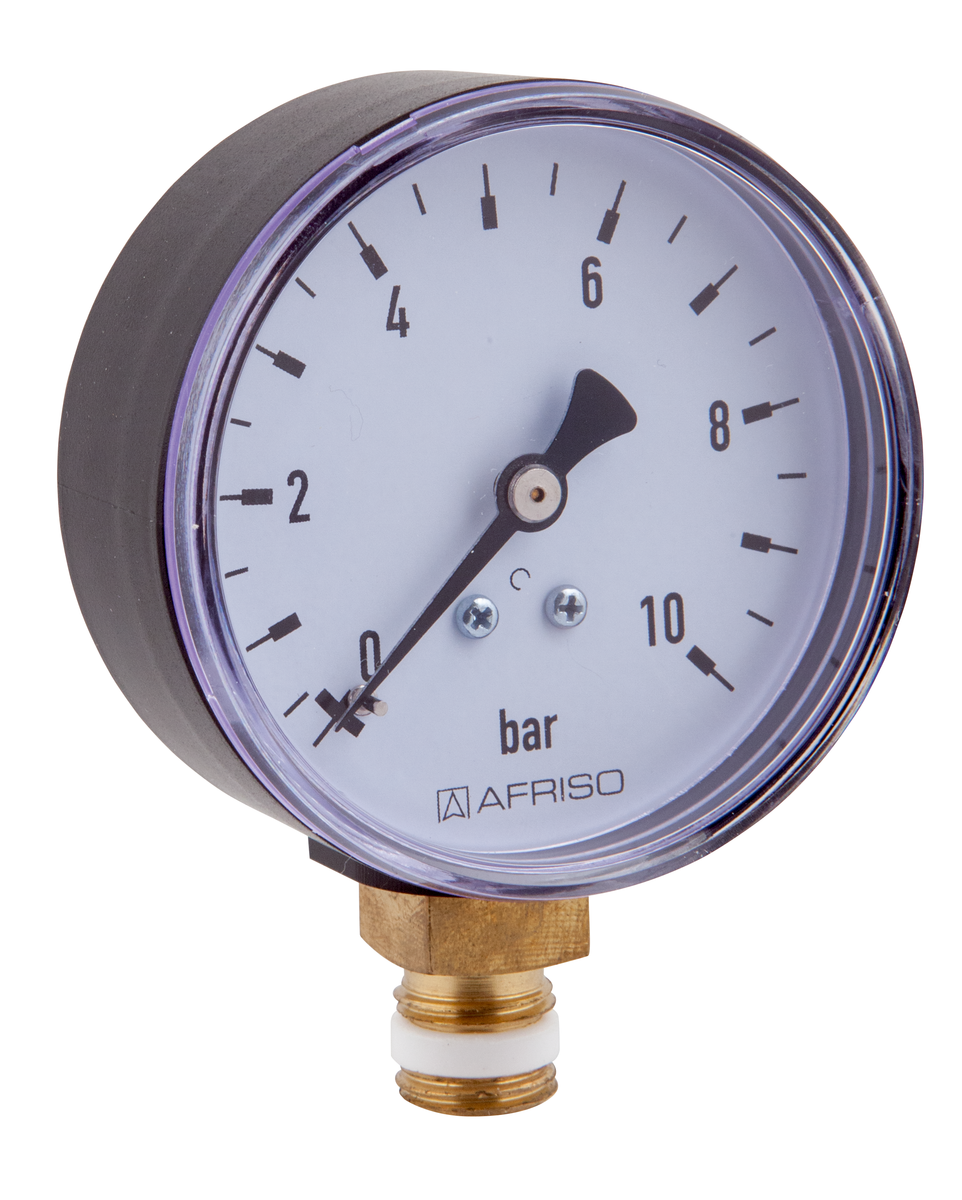 AFRISO Rohrfedermanometer RF 63 -1/0bar G1/4B mit PTFE-Dichtring radial Kl.2,5 für Heizung/Sanitär SAL 15810 15820 15830 15840 15850 15860