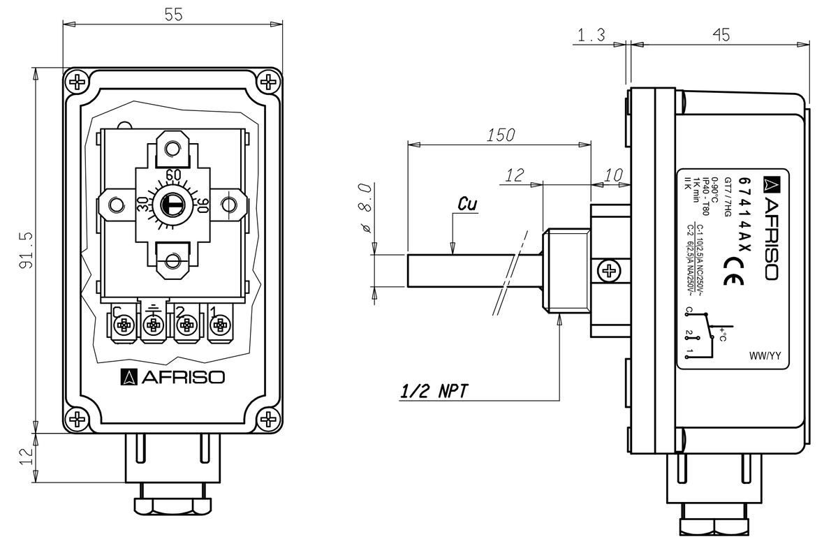AFRISO Gehäuse-Tauchthermostat GTT/7HG 0/90C, Schaftlänge: 100mm BEF 73280 73290
