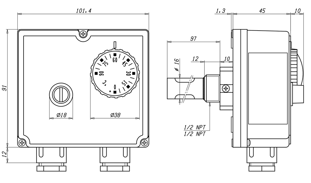 AFRISO Gehäuse-Doppelthermostat GDT/8RS 0/90C (100C), Schaftlänge: 100mm BEF 73160