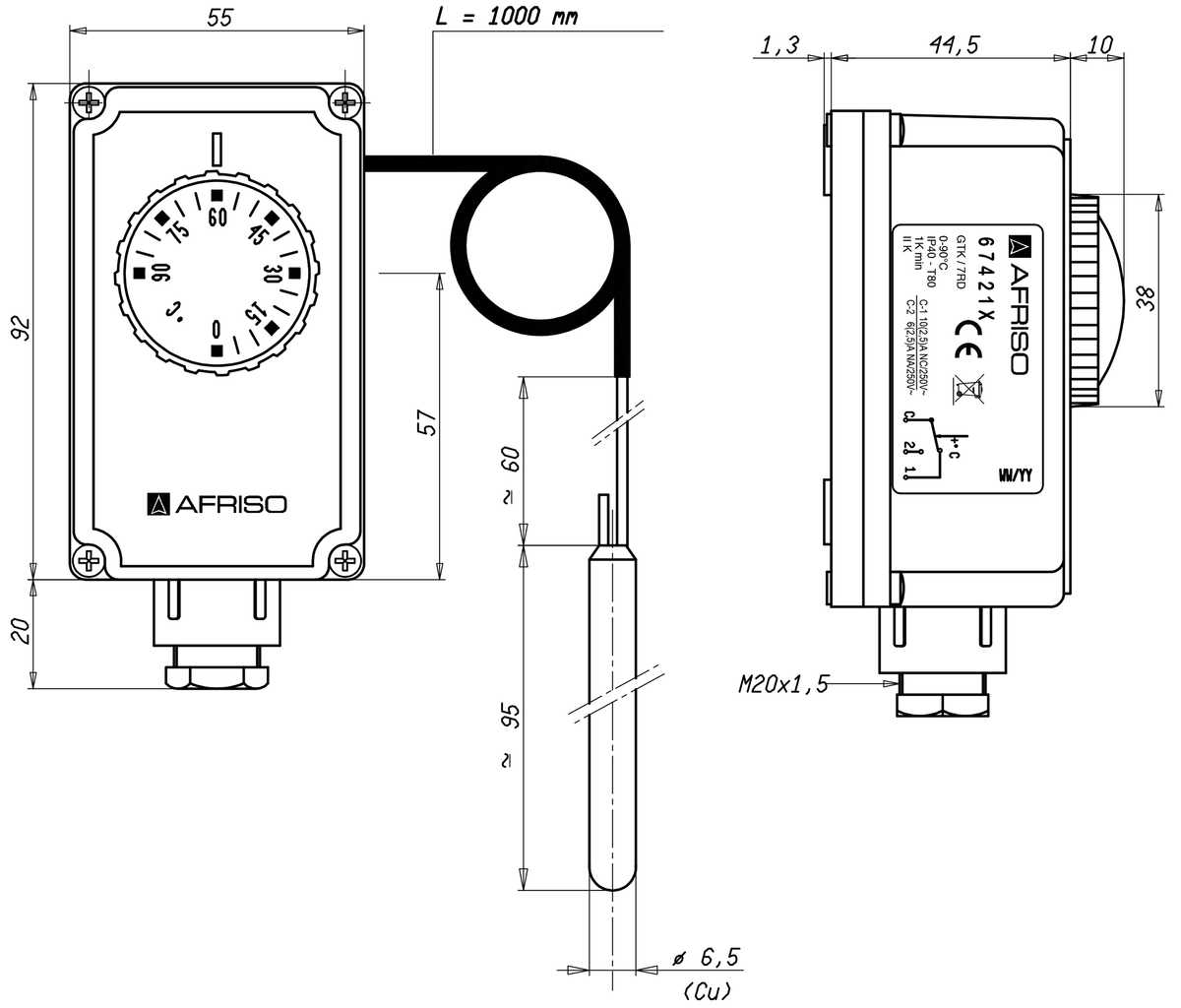 AFRISO Gehäusethermostat mit Kapillare GTK/7RD, 0/90C, Kapillarlänge 1000mm BEF 73370 73380