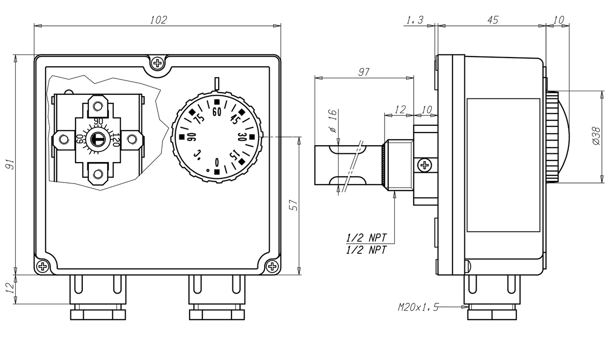 AFRISO Gehäuse-Doppelthermostat GDT/8HR 0/90C - 0/90C, Schaftlänge: 100mm BEF 73140