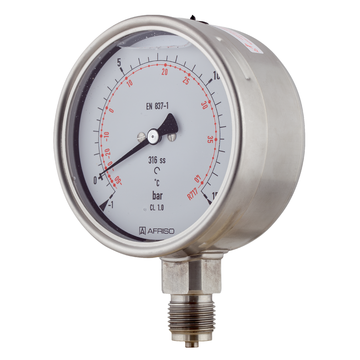 AFRISO Rohrfeder-Manometer RF100KTGly -1/+15bar G1/2B radial Kl.1,0 D802 für die Kältetechnik, mit Glyzerinfüllung SAR 52900
