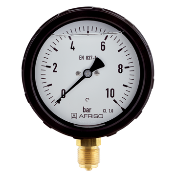 AFRISO Rohrfeder-Manometer RF100GlySR 0/10bar G1/2B radial Kl.1,0 D601 mit Schraubringgehäuse und Glyzerinfüllung VOR 45670